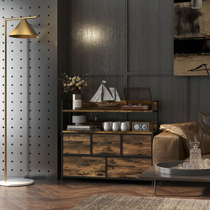 Rustic Chest of Five Fabric Drawers with Shelves - Rustic Brown