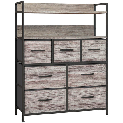Rustic Chest of Seven Fabric Drawers with Steel Frame - Grey Wood Effect