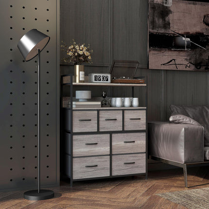 Rustic Chest of Seven Fabric Drawers with Steel Frame - Grey Wood Effect