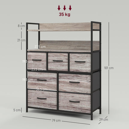 Rustic Chest of Seven Fabric Drawers with Steel Frame - Grey Wood Effect