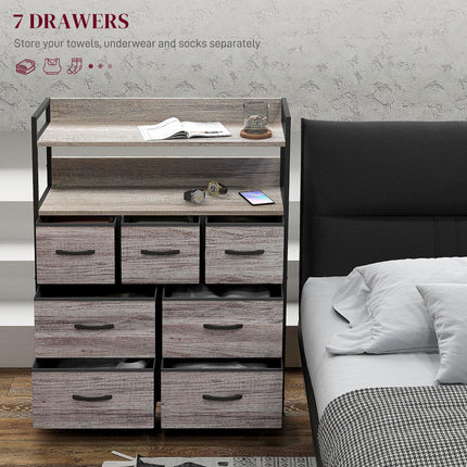 Rustic Chest of Seven Fabric Drawers with Steel Frame - Grey Wood Effect