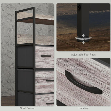 Rustic Chest of Seven Fabric Drawers with Steel Frame - Grey Wood Effect