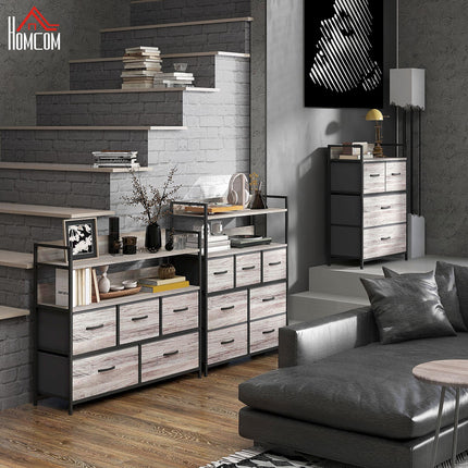 Rustic Chest of Seven Fabric Drawers with Steel Frame - Grey Wood Effect