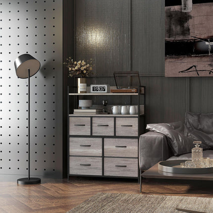 Rustic Chest of Seven Fabric Drawers with Steel Frame - Grey Wood Effect