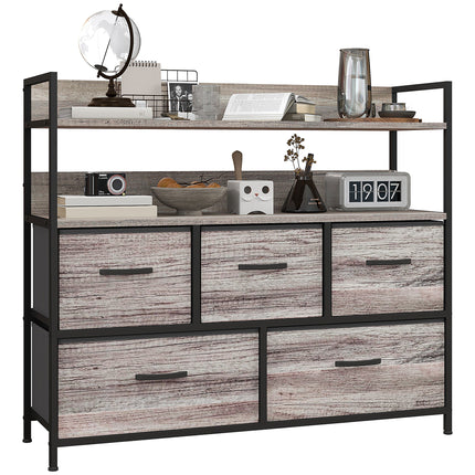Rustic Chest of Five Fabric Drawers with Shelves - Grey Wood Effect