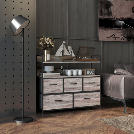 Rustic Chest of Five Fabric Drawers with Shelves - Grey Wood Effect