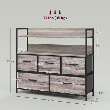 Rustic Chest of Five Fabric Drawers with Shelves - Grey Wood Effect