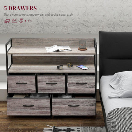 Rustic Chest of Five Fabric Drawers with Shelves - Grey Wood Effect