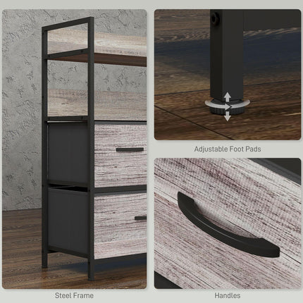 Rustic Chest of Five Fabric Drawers with Shelves - Grey Wood Effect