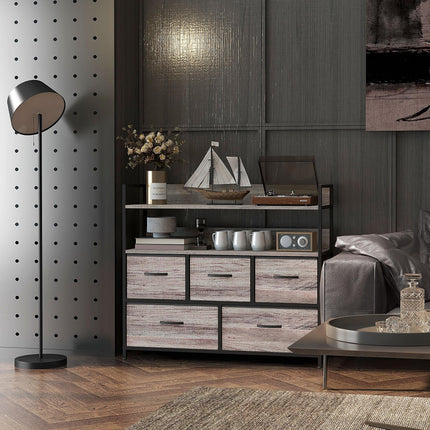 Rustic Chest of Five Fabric Drawers with Shelves - Grey Wood Effect