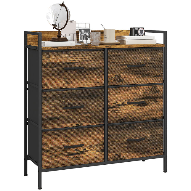Rustic Chest of Six Fabric Drawers with Steel Frame - Rustic Brown