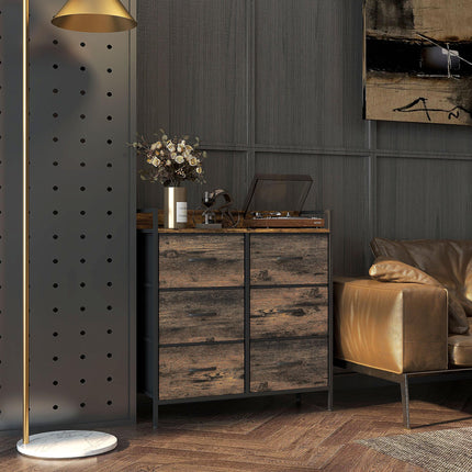 Rustic Chest of Six Fabric Drawers with Steel Frame - Rustic Brown