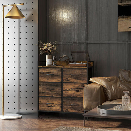 Rustic Chest of Six Fabric Drawers with Steel Frame - Rustic Brown
