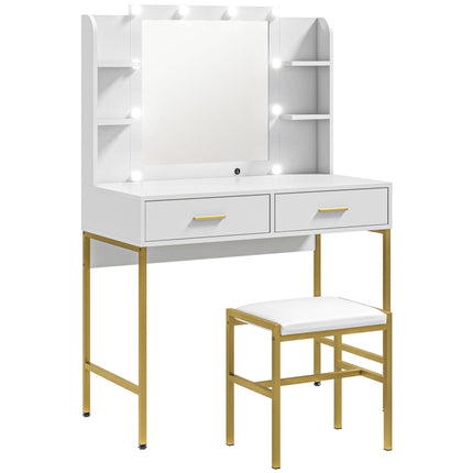Lighted Makeup Vanity Desk with Cushioned Stool and Drawers - White
