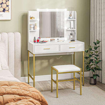 Lighted Makeup Vanity Desk with Cushioned Stool and Drawers - White