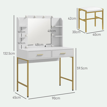 Lighted Makeup Vanity Desk with Cushioned Stool and Drawers - White