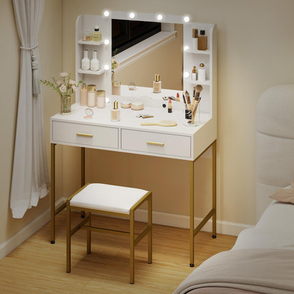 Lighted Makeup Vanity Desk with Cushioned Stool and Drawers - White