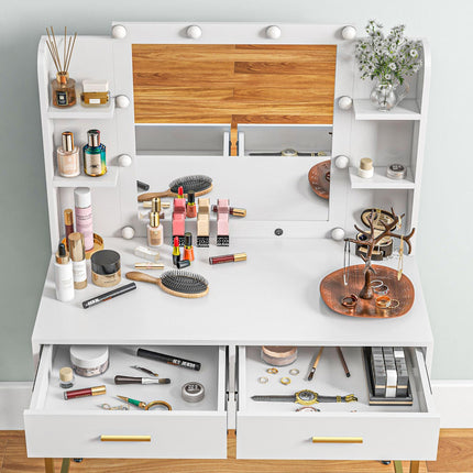 Lighted Makeup Vanity Desk with Cushioned Stool and Drawers - White