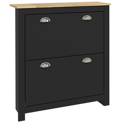 2 Drawer Shoe Cabinet Modern Narrow Shoe Cupboard Hallway Wooden Storage Organiser with Flip Doors Adjustable Shelf for 6-12 Pairs, Black