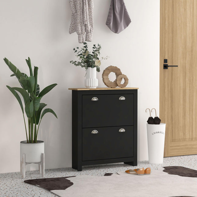 2 Drawer Shoe Cabinet Modern Narrow Shoe Cupboard Hallway Wooden Storage Organiser with Flip Doors Adjustable Shelf for 6-12 Pairs, Black