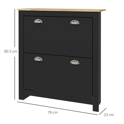 2 Drawer Shoe Cabinet Modern Narrow Shoe Cupboard Hallway Wooden Storage Organiser with Flip Doors Adjustable Shelf for 6-12 Pairs, Black