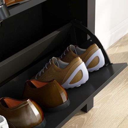 2 Drawer Shoe Cabinet Modern Narrow Shoe Cupboard Hallway Wooden Storage Organiser with Flip Doors Adjustable Shelf for 6-12 Pairs, Black