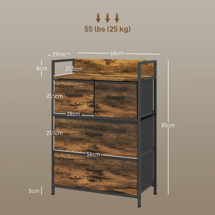 Rustic Chest of Four Fabric Drawers with Steel Frame - Rustic Brown