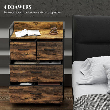 Rustic Chest of Four Fabric Drawers with Steel Frame - Rustic Brown
