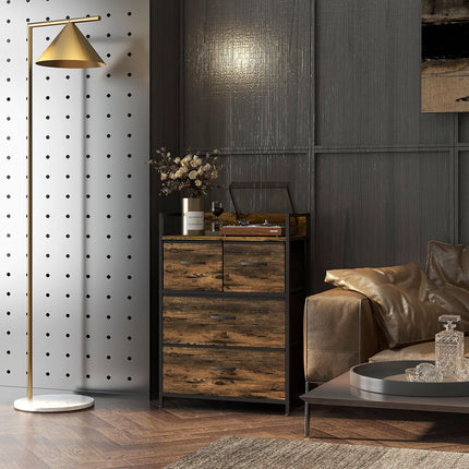 Rustic Chest of Four Fabric Drawers with Steel Frame - Rustic Brown