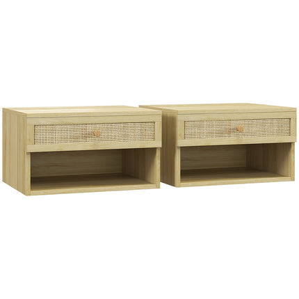 Set of 2 Floating Bedside Tables with Rattan Panel Drawer - Wood Effect