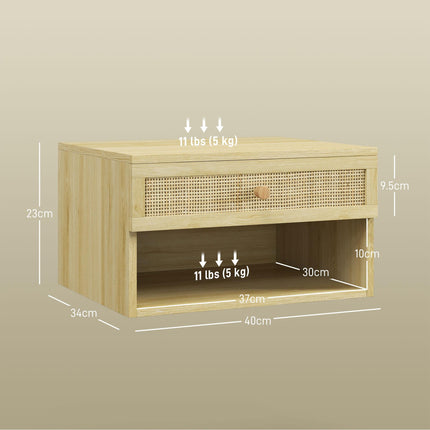 Set of 2 Floating Bedside Tables with Rattan Panel Drawer - Wood Effect