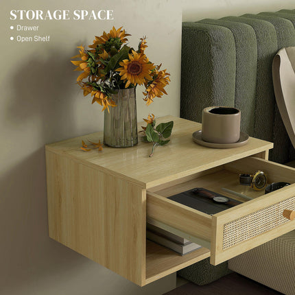 Set of 2 Floating Bedside Tables with Rattan Panel Drawer - Wood Effect