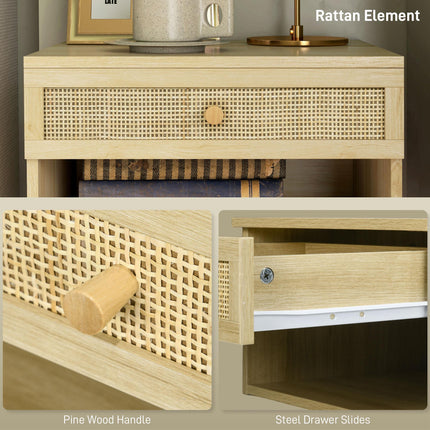 Set of 2 Floating Bedside Tables with Rattan Panel Drawer - Wood Effect