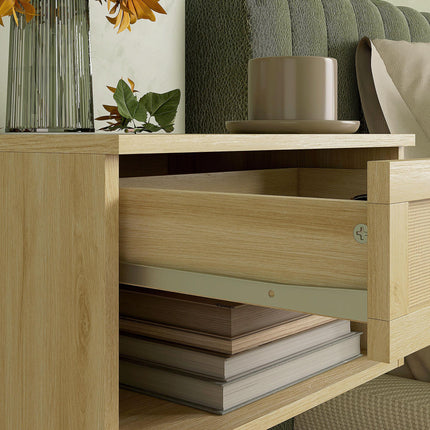 Set of 2 Floating Bedside Tables with Rattan Panel Drawer - Wood Effect