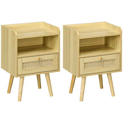 Set of 2 Rattan Weave Bedside Tables with Wood Effect Finish - Natural Wood