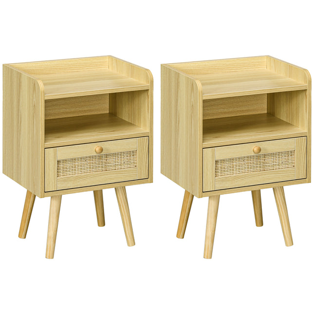 Set of 2 Rattan Weave Bedside Tables with Wood Effect Finish - Natural Wood
