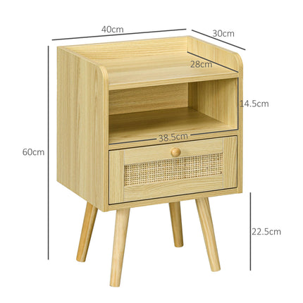 Set of 2 Rattan Weave Bedside Tables with Wood Effect Finish - Natural Wood
