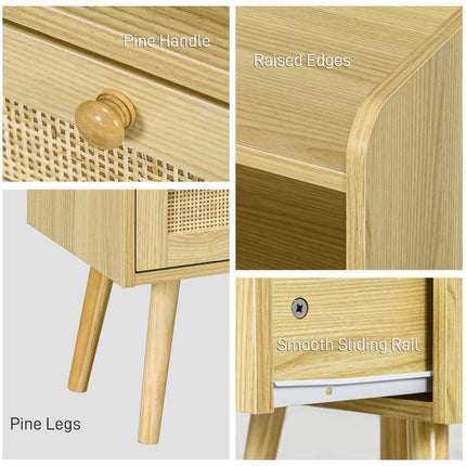 Set of 2 Rattan Weave Bedside Tables with Wood Effect Finish - Natural Wood