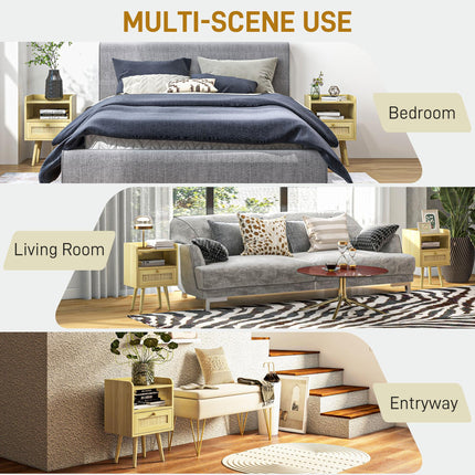 Set of 2 Rattan Weave Bedside Tables with Wood Effect Finish - Natural Wood