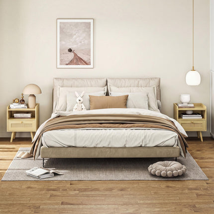 Set of 2 Rattan Weave Bedside Tables with Wood Effect Finish - Natural Wood