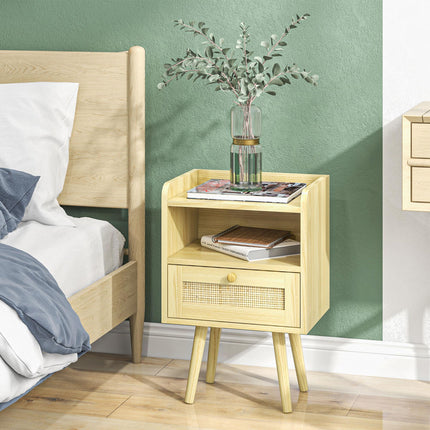 Set of 2 Rattan Weave Bedside Tables with Wood Effect Finish - Natural Wood