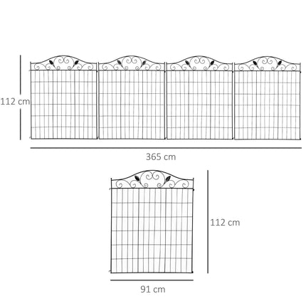 Set of 2 Decorative Garden Fence, 8 Panels Metal Picket Fence, Versatile Shapes for Patio Lawn, 365cm x 112cm, Black