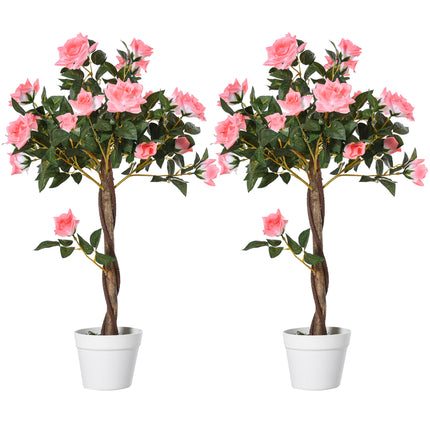 Set of 2 Artificial Pink Rose Plants in Pot 90cm - Pink
