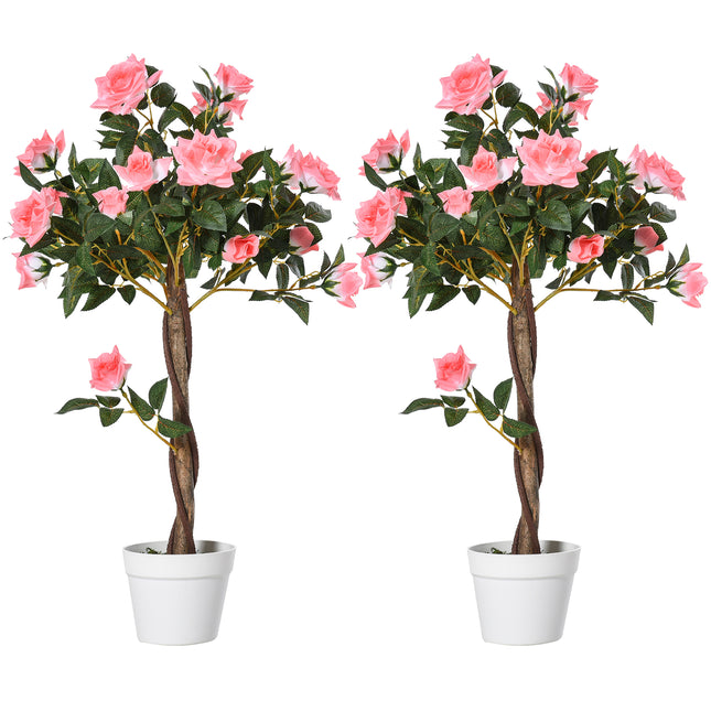 Set of 2 Artificial Pink Rose Plants in Pot 90cm - Pink