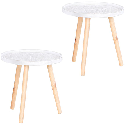 Set of 2 Carved Floral Round Coffee Tables with Tray-Style Top and Wood Legs - White