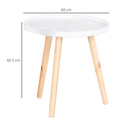 Set of 2 Carved Floral Round Coffee Tables with Tray-Style Top and Wood Legs - White