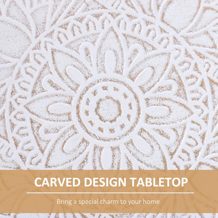 Set of 2 Carved Floral Round Coffee Tables with Tray-Style Top and Wood Legs - White