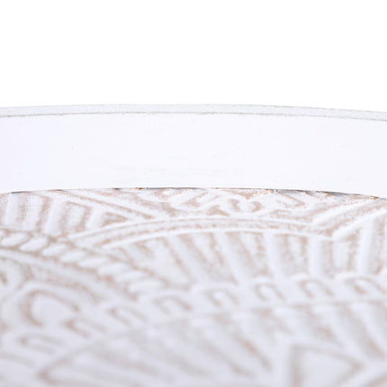 Set of 2 Carved Floral Round Coffee Tables with Tray-Style Top and Wood Legs - White