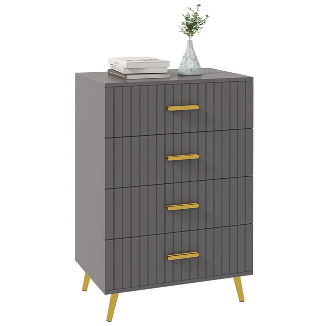 Four Drawer Embossed Line Dresser with Gold Handles - Grey/Gold Tone