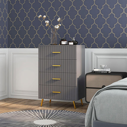 Four Drawer Embossed Line Dresser with Gold Handles - Grey/Gold Tone